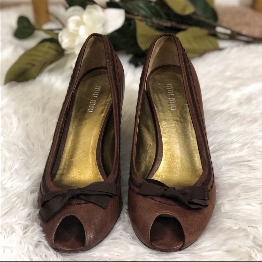 Brown Cognac Bow Miu Miu Wedge Heels